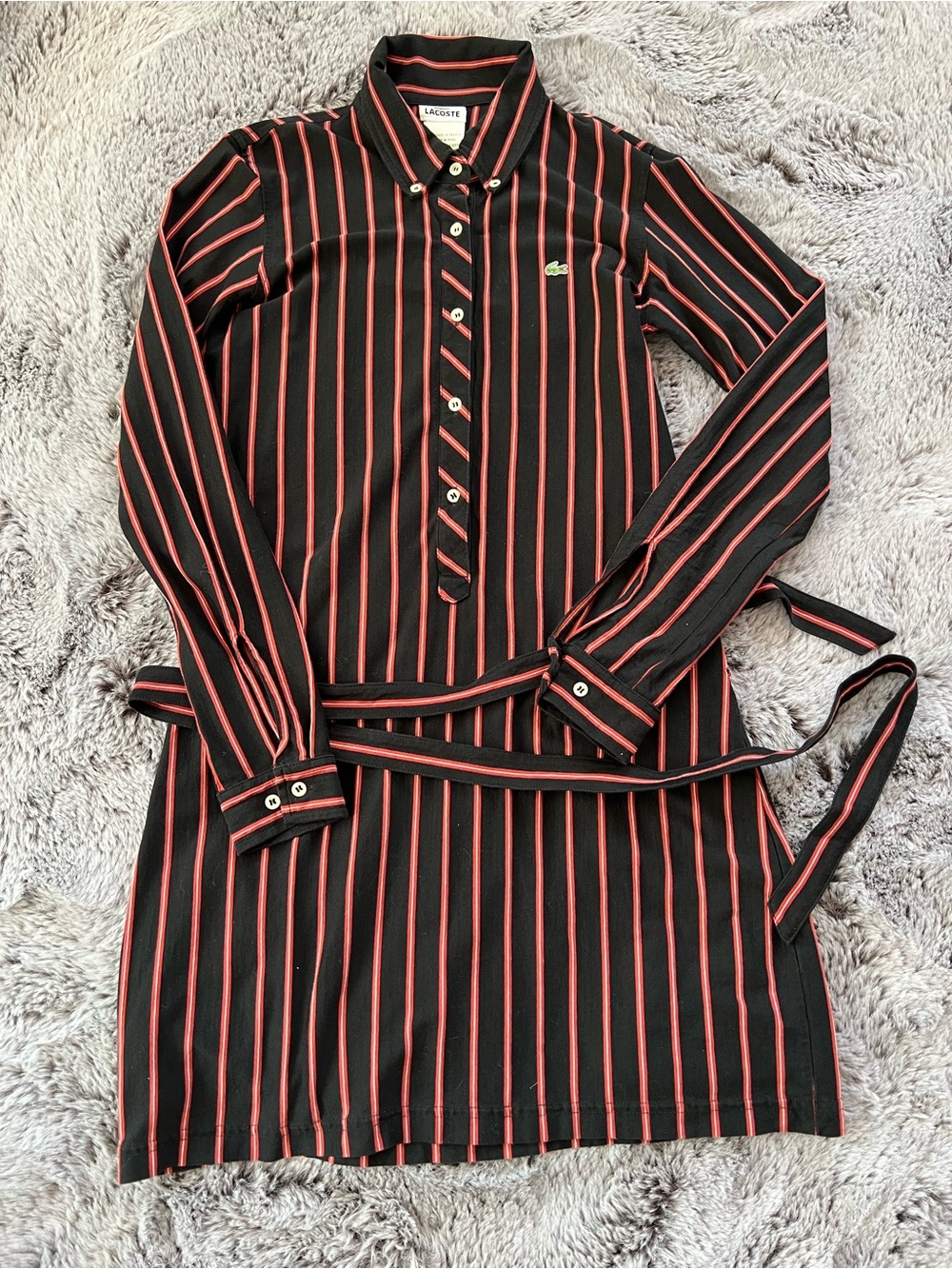 Lacoste Black Shirtdress with Red Pinstripes and Waist Tie